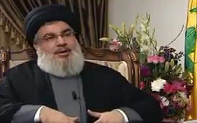 Hezbollah head Hassan Nasrallah speaking to Iranian state television, in a clip broadcast on February 20, 2017. (screen capture: Twitter)
