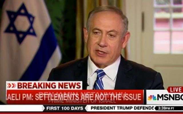 Prime Minister Benjamin Netanyahu gives an interview to MSNBC on February 16, 2017 (screen capture: MSNBC) Prime Minister Benjamin Netanyahu gives an interview to MSNBC on February 16, 2017 (screen capture: MSNBC)