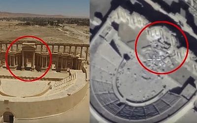 Screen capture from Russian military drone footage showing damage at the ancient site of Palmyra, Syria, February 2017. (screen capture: Sputnik/YouTube)