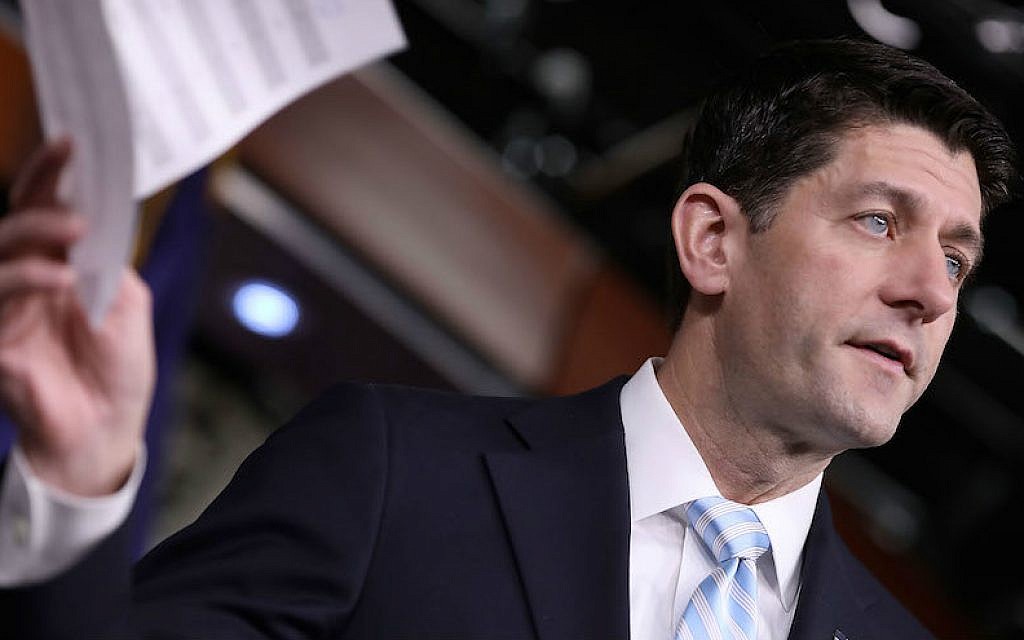 US House Speaker Paul Ryan talking with reporters about the Republican attempt to repeal the Affordable Care Act, Jan. 12, 2017. (Chip Somodevilla/Getty Images via JTA)
