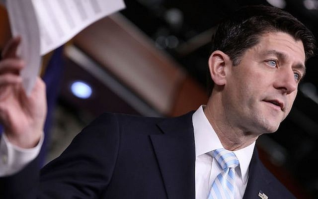 Speaker of the House Paul Ryan (R-WI) talks with reporters during his weekly news conference in the Capitol Visitors Center at the U.S. Capitol January 12, 2017 in Washington, DC. (Chip Somodevilla/Getty Images via JTA) Speaker of the House Paul Ryan (R-WI) talks with reporters during his weekly news conference in the Capitol Visitors Center at the U.S. Capitol January 12, 2017 in Washington, DC. (Chip Somodevilla/Getty Images via JTA)