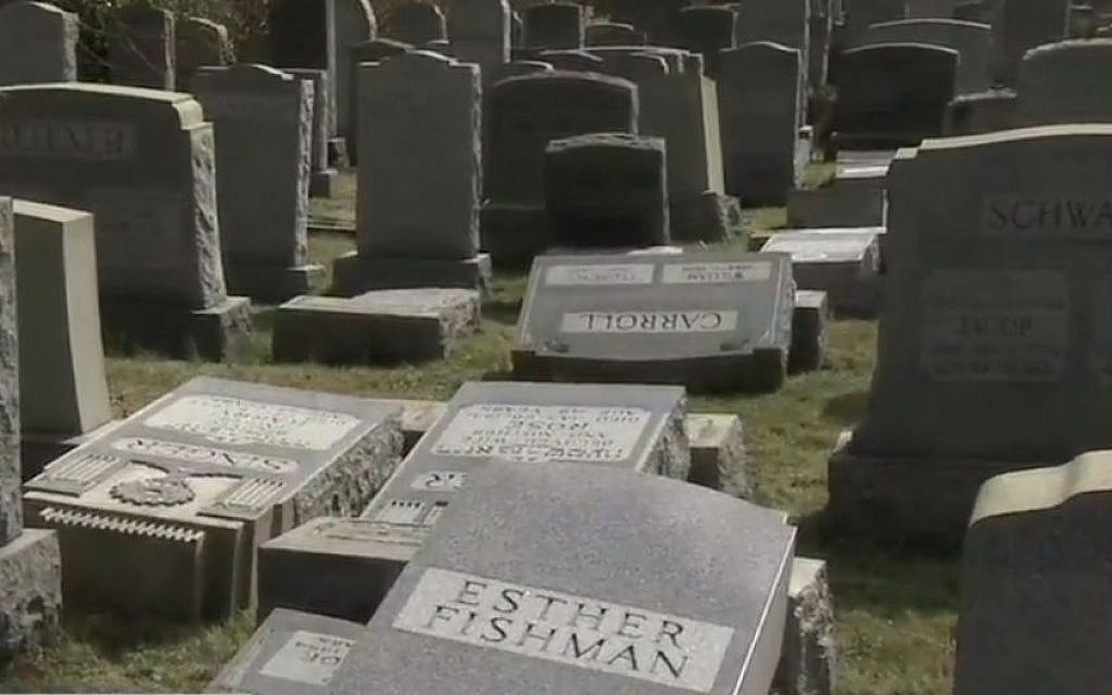 Damaged headstone at a Jewish cemetery in Philadelphia on February 26, 2017. (screen capture: 6ABC)
