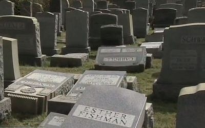 Damaged headstone at a Jewish cemetery in Philadelphia on February 26, 2017. (screen capture: 6ABC)