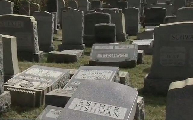 Damaged headstone at a Jewish cemetery in Philadelphia on February 26, 2017. (screen capture: 6ABC)