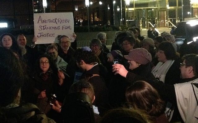 A group of rabbis protesting outside of the Trump International Hotel in New York City on Feb. 6, 2017. (Ben Sales via JTA) A group of rabbis protesting outside of the Trump International Hotel in New York City on Feb. 6, 2017. (Ben Sales via JTA)