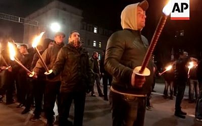 Demonstrators hold torches at the Lukov March in Sofia, Bulgaria on February 14, 2016. (Screen capture/YouTube) Demonstrators hold torches at the Lukov March in Sofia, Bulgaria on February 14, 2016. (Screen capture/YouTube)