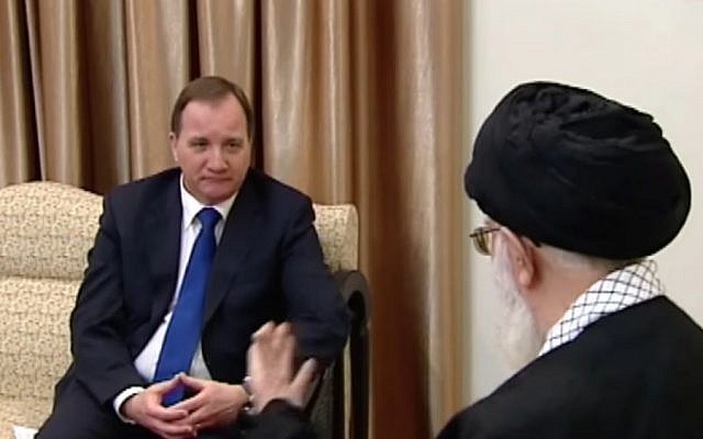 Swedish Prime Minister Stefan Lofven (l) meets Iran's supreme leader Ali Khamenei in Tehran, February 11, 2017, (Screen capture: YouTube) Swedish Prime Minister Stefan Lofven (l) meets Iran's supreme leader Ali Khamenei in Tehran, February 11, 2017, (Screen capture: YouTube)
