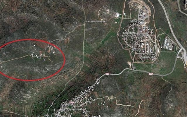 West Tapuah (circled) adjacent to the West Bank town of Kfar Tapuach (Google maps)