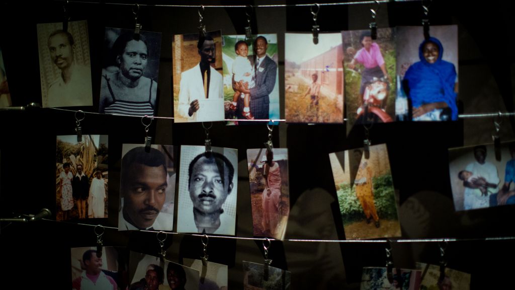 The Kigali Genocide Museum hosts a room similar to the Hall of Names in Yad Vashem, but encourages families to hang their own pictures of victims, shown here on February 14, 2017. (Miriam Alster/Flash90)