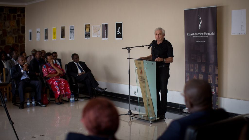 Professor Daniel Gold, a Holocaust survivor, addresses the International Holocaust Memorial Day ceremony in Kigali, Rwanda, on February 14, 2017. (Miriam Alster/Flash90)