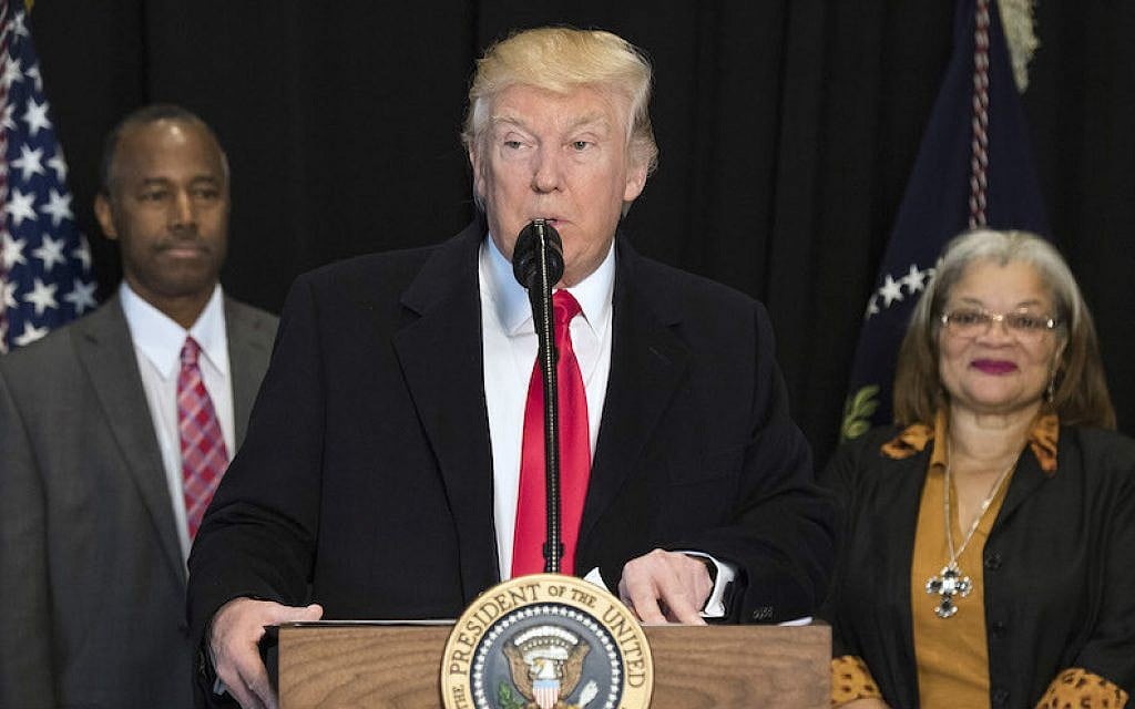 US President Donald Trump delivering remarks after touring the National Museum of African American History and Culture, Feb. 21, 2017. (Kevin Dietsch/Pool/Getty Images via JTA) US President Donald Trump delivering remarks after touring the National Museum of African American History and Culture, Feb. 21, 2017. (Kevin Dietsch/Pool/Getty Images via JTA)