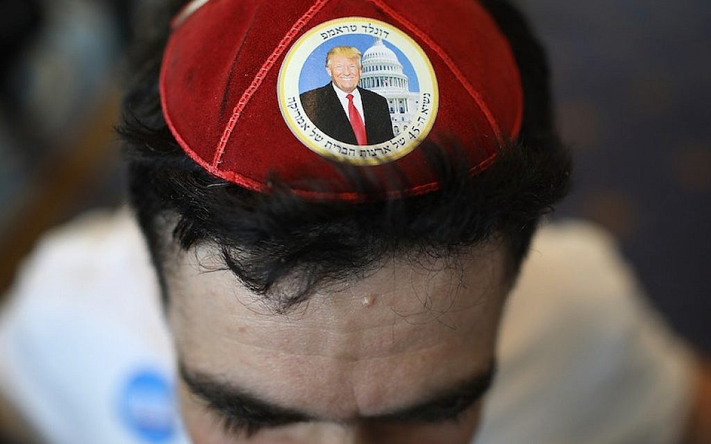 Illustrative: A Jewish supporter wears a Donald Trump yarmulke at the Conservative Political Action Conference in National Harbor, Maryland, on February 24, 2017. (Win McNamee/Getty Images) Illustrative: A Jewish supporter wears a Donald Trump yarmulke at the Conservative Political Action Conference in National Harbor, Maryland, on February 24, 2017. (Win McNamee/Getty Images)