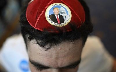 Illustrative: A Jewish supporter wears a Donald Trump yarmulke at the Conservative Political Action Conference in National Harbor, Maryland, on February 24, 2017. (Win McNamee/Getty Images)