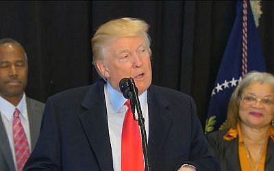 US President Donald Trump gives a press conference at the National Museum of African American History and Culture in Washington on Monday, February 21, 2017 (screen capture: Facebook)