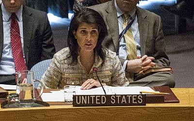 US United Nations Ambassador Nikki Haley speaks at the Security Council meeting on February 21, 2017 at UN Headquarters in New York. (AFP PHOTO / KENA BETANCUR)