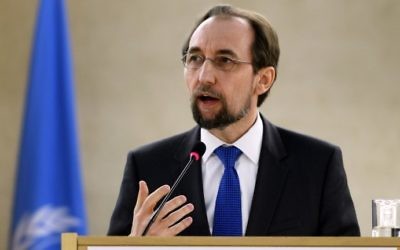 United Nations High Commissioner for Human Rights, Zeid Ra'ad Zeid al-Hussein gives a speech on the opening of a meeting of the United Nations Human Rights Council on February 27, 2017 in Geneva, Switzerland. (AFP Photo/Fabrice Coffrini) United Nations High Commissioner for Human Rights, Zeid Ra'ad Zeid al-Hussein gives a speech on the opening of a meeting of the United Nations Human Rights Council on February 27, 2017 in Geneva, Switzerland. (AFP Photo/Fabrice Coffrini)