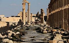 This file photo taken on March 31, 2016 shows the remains of the destroyed Arc du Triomphe in the ancient city of Palmyra in central Syria. (AFP/Joseph Eid)