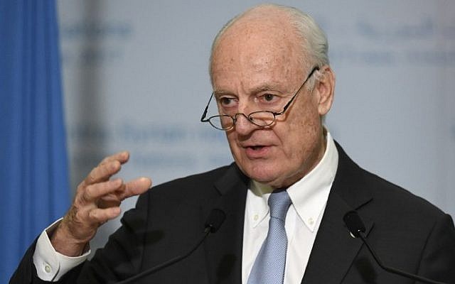 UN Special Envoy of the Secretary-General for Syria Staffan de Mistura gives a press conference during the Intra-Syrian peace talks at the European headquarters of the United Nations in Geneva, on March 3, 2017. (AFP Photo/Phillippe Desmazes)