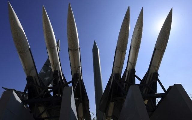Replicas of a North Korean Scud-B missile (C) and South Korean Hawk surface-to-air missiles are displayed at the Korean War Memorial in Seoul on March 6, 2017. (AFP / JUNG Yeon-Je)