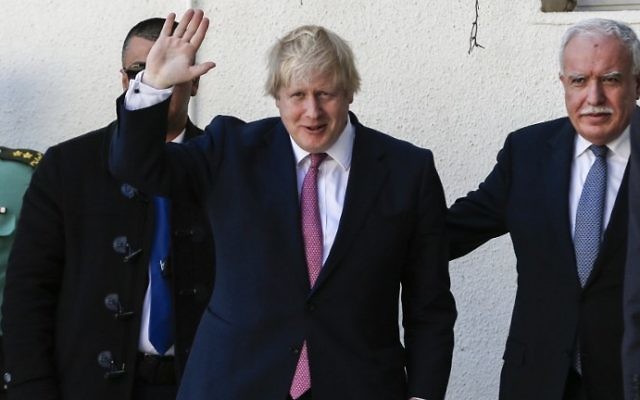 British Foreign Secretary Boris Johnson meets with Palestinian Authority Foreign Minister Riyad al-Maliki in the West Bank city of Ramallah, on March 8, 2017. (AFP/Abbas Momani) British Foreign Secretary Boris Johnson meets with Palestinian Authority Foreign Minister Riyad al-Maliki in the West Bank city of Ramallah, on March 8, 2017. (AFP/Abbas Momani)