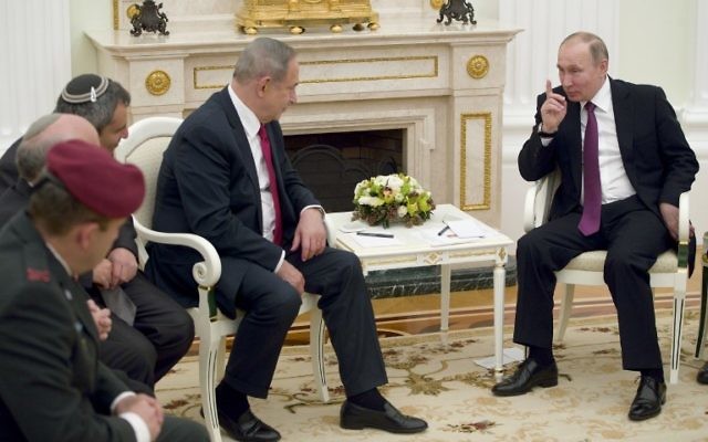 Russian President Vladimir Putin, right, speaks with Prime Minister Benjamin Netanyahu during their meeting in Moscow on March 9, 2017. (AFP/Pool/Pavel Golovkin) Russian President Vladimir Putin, right, speaks with Prime Minister Benjamin Netanyahu during their meeting in Moscow on March 9, 2017. (AFP/Pool/Pavel Golovkin)
