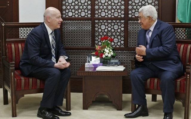 Palestinian Authority President Mahmoud Abbas (R) meets with Jason Greenblatt, the US special representative for international negotiations, in Ramallah on March 14, 2017. (AFP Photo/Abbas Momani) Palestinian Authority President Mahmoud Abbas (R) meets with Jason Greenblatt, the US special representative for international negotiations, in Ramallah on March 14, 2017. (AFP Photo/Abbas Momani)