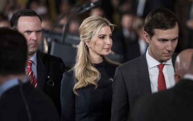 Ivanka Trump, center, and Senior Advisor Jared Kushner arrive for a press conference in the East Room of the White House, in Washington, DC, March 17, 2017. (AFP/Brendan Smialowski) Ivanka Trump, center, and Senior Advisor Jared Kushner arrive for a press conference in the East Room of the White House, in Washington, DC, March 17, 2017. (AFP/Brendan Smialowski)