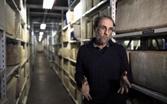 Professor Gideon Avni, head of the Archaeological Division in the Israel Antiquities Authority, speaks during a press tour at the national treasures storerooms of the Israel Antiquities Authority in Beit Shemesh on March 19, 2017. (AFP PHOTO / MENAHEM KAHANA)
