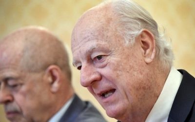 The United Nations' Syria envoy Staffan de Mistura speaks during a meeting with Russian Foreign Minister in Moscow on March 22, 2017. (AFP PHOTO / Alexander NEMENOV) The United Nations' Syria envoy Staffan de Mistura speaks during a meeting with Russian Foreign Minister in Moscow on March 22, 2017. (AFP PHOTO / Alexander NEMENOV)