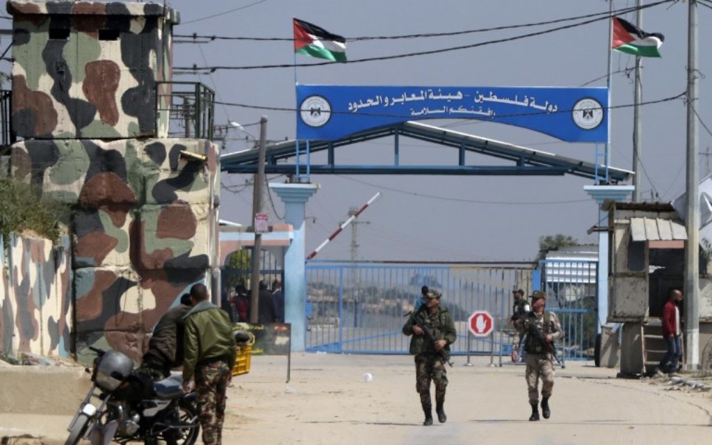 Illustrative image of Hamas security forces standing guard at the Erez border crossing into Israel, in Beit Hanun, in the northern Gaza Strip on March 26, 2017. (AFP/Mahmud Hams)