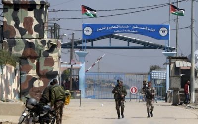 Illustrative image of Hamas security forces standing guard at the Erez border crossing into Israel, in Beit Hanun, in the northern Gaza Strip on March 26, 2017. (AFP/Mahmud Hams)