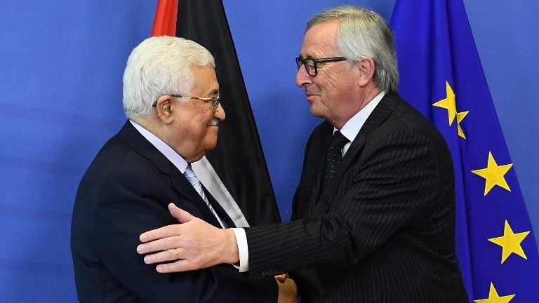 Palestinian Authority President Mahmoud Abbas (L) is welcomed by European Commission President Jean-Claude Juncker at the European Commission in Brussels on March 27, 2017. (AFP Photo/Emmanuel Dunand) Palestinian Authority President Mahmoud Abbas (L) is welcomed by European Commission President Jean-Claude Juncker at the European Commission in Brussels on March 27, 2017. (AFP Photo/Emmanuel Dunand)