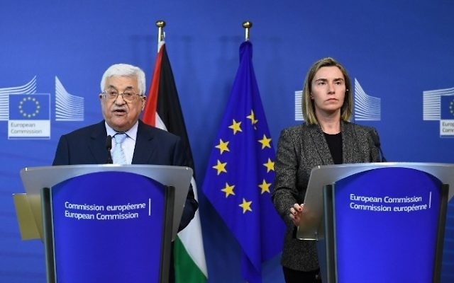 Palestinian Authority President Mahmoud Abbas (L) and EU foreign policy chief Federica Mogherini give a press conference following their meeting at the European Commission in Brussels on March 27, 2017. (AFP Photo/Emmanuel Dunand) Palestinian Authority President Mahmoud Abbas (L) and EU foreign policy chief Federica Mogherini give a press conference following their meeting at the European Commission in Brussels on March 27, 2017. (AFP Photo/Emmanuel Dunand)