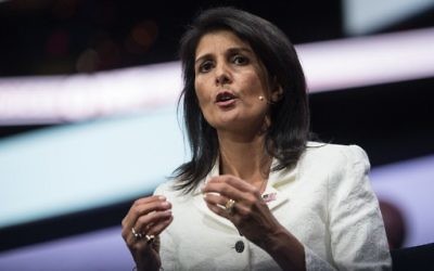 US Ambassador to the United Nations Nikki Haley addresses the American Israel Public Affairs Committee (AIPAC) policy conference in Washington, DC, March 27, 2017. (AFP/Nicholas Kamm) US Ambassador to the United Nations Nikki Haley addresses the American Israel Public Affairs Committee (AIPAC) policy conference in Washington, DC, March 27, 2017. (AFP/Nicholas Kamm)