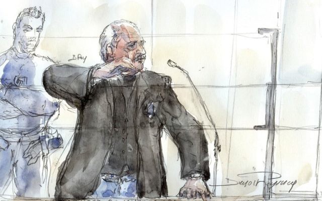 This courtroom sketch created in Paris on March 28, 2017 shows Venezualian criminal Ilich Ramirez Sanchez, aka Carlos (C) during his trial for the deadly bombing at Publicis Paris shop more than 40 years ago. (AFP/Benoit Peyrucq) This courtroom sketch created in Paris on March 28, 2017 shows Venezualian criminal Ilich Ramirez Sanchez, aka Carlos (C) during his trial for the deadly bombing at Publicis Paris shop more than 40 years ago. (AFP/Benoit Peyrucq)