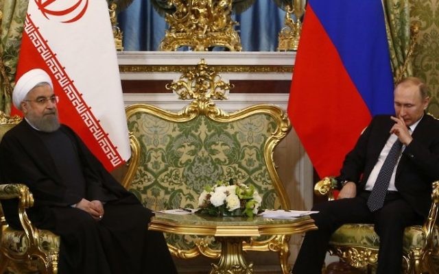 Russian President Vladimir Putin (R) meets with his Iranian counterpart Hassan Rouhani at the Kremlin in Moscow on March 28, 2017. (Sergei Karpukhin/AFP) Russian President Vladimir Putin (R) meets with his Iranian counterpart Hassan Rouhani at the Kremlin in Moscow on March 28, 2017. (Sergei Karpukhin/AFP)