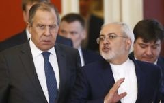 File: Russian Foreign Minister Sergei Lavrov, left, and Iranian Foreign Minister Mohammad Javad Zarif arrive for a joint press conference with the Russian and Iranian presidents at the Kremlin in Moscow, March 28, 2017. (AFP/Pool/Sergei Karpukhin)
