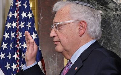 David Friedman is sworn-in as the US ambassador to Israel during a ceremony in the Indian Treaty Room of the Eisenhower Executive Office Building, next to the White House, on March 29, 2017 in Washington, DC.(AFP PHOTO / MANDEL NGAN)