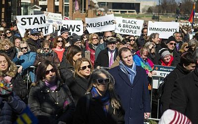 People demonstrate at a Stand Against Hate rally at Independence Mall on March 2, 2017 in Philadelphia, Pennsylvania. (Jessica Kourkounis/Getty Images/AFP )