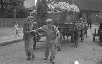 Men hauling a cart for bread distribution. (Henryk Ross/Art Gallery of Ontario, gift from the Archive of Modern Conflict/Courtesy Museum of Fine Arts)