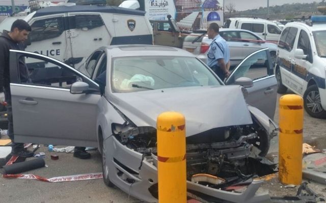 Illustrative. The car that was driven into a bus stop in an apparent terror attack in the Etzion Junction in the West Bank on March 15, 2017. (IDF Spokesperson's Unit) Illustrative. The car that was driven into a bus stop in an apparent terror attack in the Etzion Junction in the West Bank on March 15, 2017. (IDF Spokesperson's Unit)