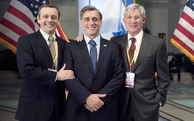 From left, Michael Sheen, Lior Ashkenazi, and Richard Gere star in Joseph Cedar's latest release, 'Norman: The Moderate Rise and Tragic Fall of a New York Fixer.' (Courtesy Sony Pictures Classics)