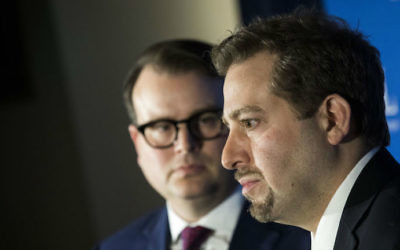 Evan Bernstein, left, and Oren Segal of the Anti-Defamation League at a news conference at ADL headquarters in New York City on the arrest of Juan Thompson, who allegedly made bomb threats against Jewish institutions, March 3, 2017. (Drew Angerer/Getty Images via JTA)