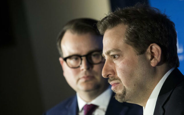 Evan Bernstein, left, and Oren Segal of the Anti-Defamation League at a news conference at ADL headquarters in New York City on the arrest of Juan Thompson, who allegedly made bomb threats against Jewish institutions, March 3, 2017. (Drew Angerer/Getty Images via JTA) Evan Bernstein, left, and Oren Segal of the Anti-Defamation League at a news conference at ADL headquarters in New York City on the arrest of Juan Thompson, who allegedly made bomb threats against Jewish institutions, March 3, 2017. (Drew Angerer/Getty Images via JTA)