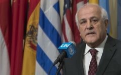 Palestinian Ambassador to the United Nations Riyad Mansour speaks to reporters on February 16, 2017 at UN headquarters. (AP Photo/Mary Altaffer)