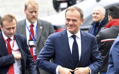 European Council President Donald Tusk arrives for a pre EU Summit meeting of the EPP party at the Academie Royale in Brussels on Thursday, March 9, 2017 (AP Photo/Geert Vanden Wijngaert)