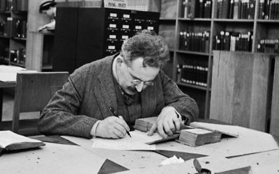 Walter Benjamin at the Bibliothèque Nationale, Paris, 1937. (© Gisèle Freund - RMN, image provided by
IMEC, Fonds MCC, Dist. RMN-Grand Palais / Art Resource, New York)