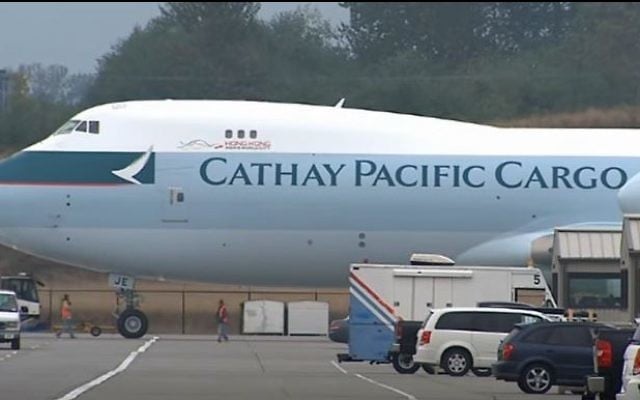 A depiction of a Cathay Pacific AirlinesBoeing 747-8F. (Screen capture/YouTube)