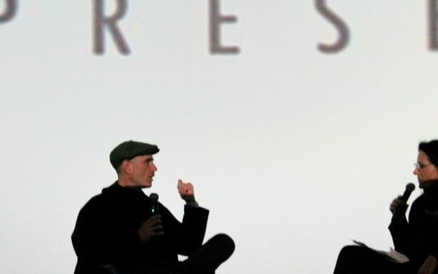 'Norman' director Joseph Cedar speaks with The Times of Israel Ops&Blogs editor Miriam Herschlag following a preview screening in Jerusalem on March 6, 2017. (Amanda Borschel-Dan/Times of Israel)