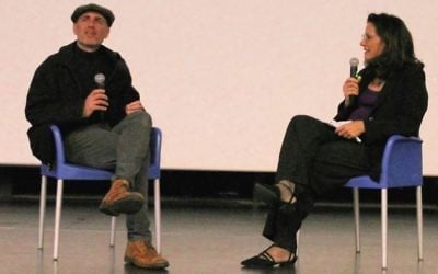 'Norman' director Joseph Cedar and The Times of Israel's Ops&Blogs editor Miriam Herschlag discuss Jewish identity following a preview screening in Jerusalem on March 6, 2017. (Amanda Borschel-Dan/Times of Israel)